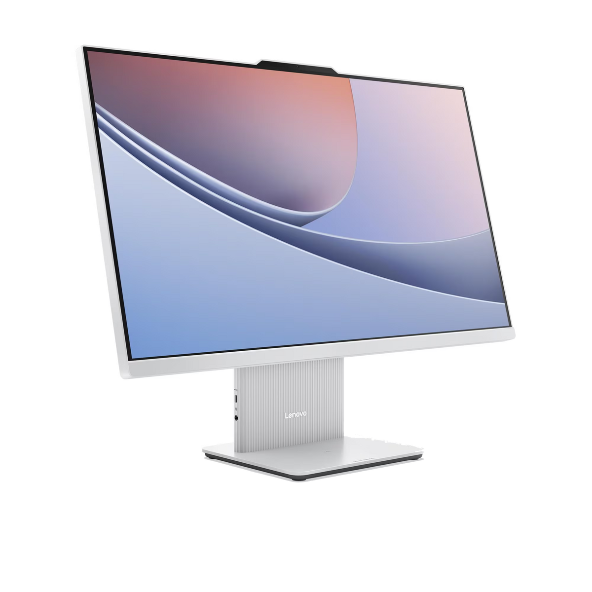 Un monitor Lenovo blanco con un fondo abstracto en la pantalla.