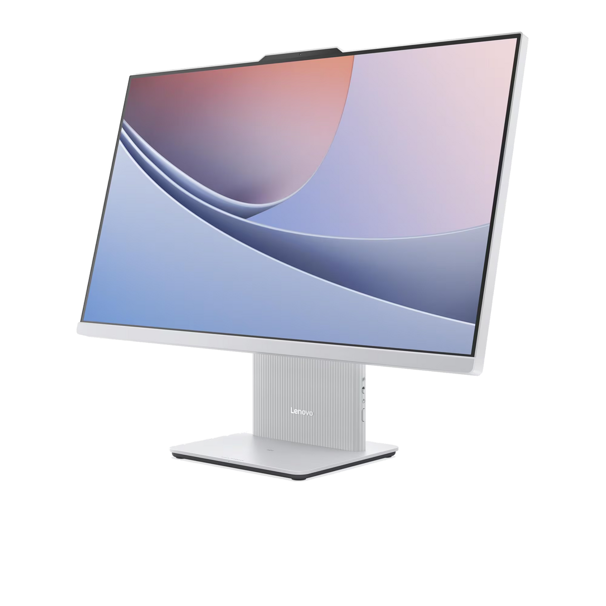 Un ordenador blanco Lenovo All-in-One con un fondo abstracto en su pantalla.