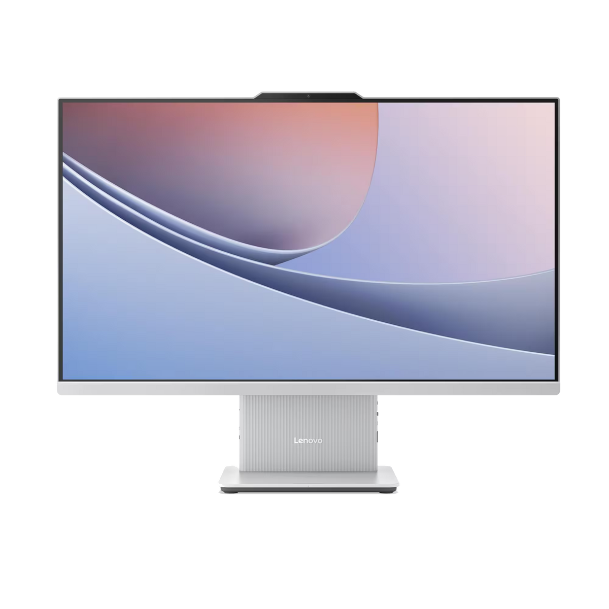 Un ordenador todo en uno Lenovo plateado con pantalla grande y fondo abstracto.