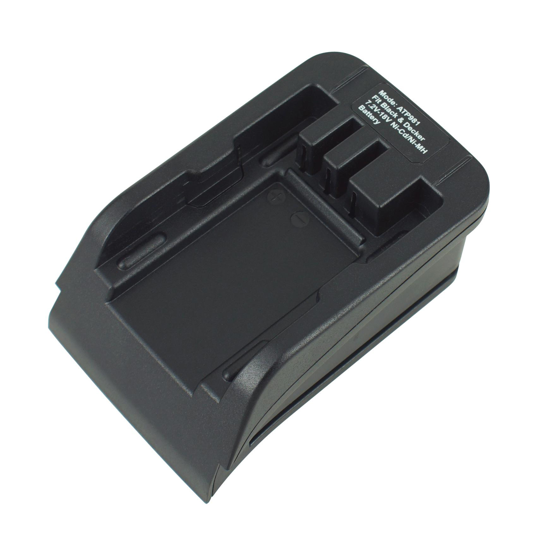Schwarzer Black & Decker Akku-Adapter, Modell ATP981, für 7,2V-18V Ni-Cd/Ni-MH Akkus.