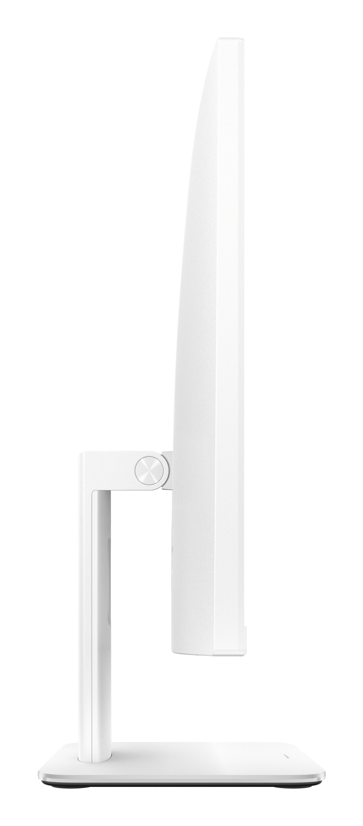 Una vista laterale di un monitor bianco, che mostra il suo design elegante e il supporto sottile su sfondo bianco.