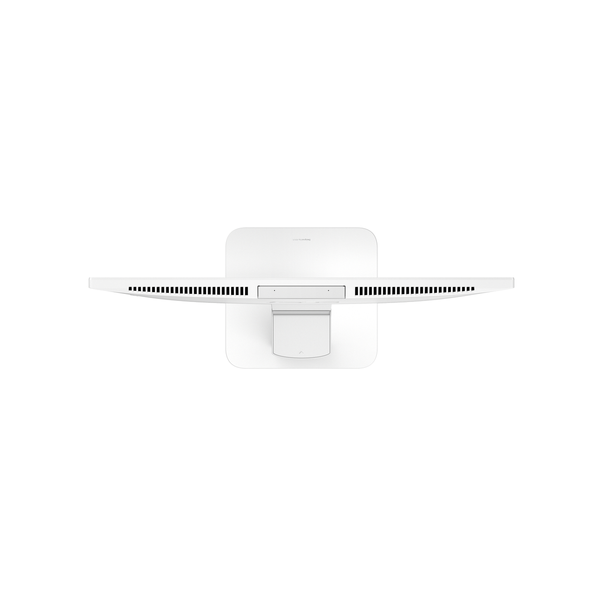 Vista superiore di un monitor bianco con griglie altoparlanti e fotocamera integrata.