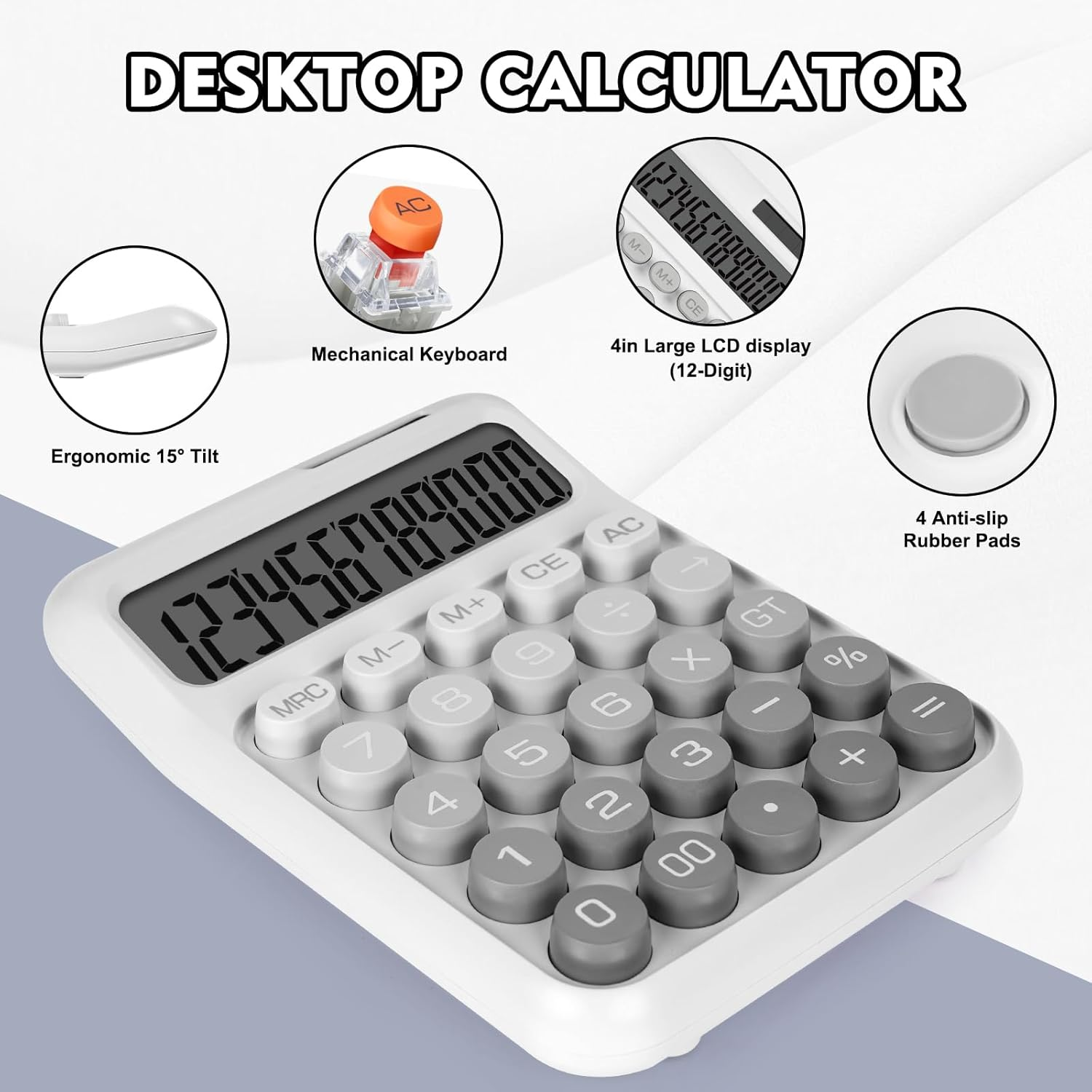 Ein weißer Desktop-Rechner mit großen Tasten und einem LCD-Display.