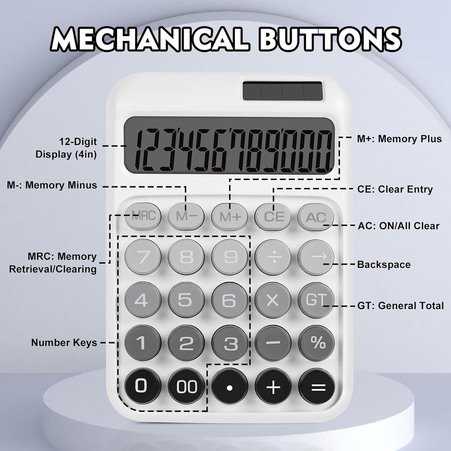 Ein weißer Taschenrechner mit mechanischen Tasten und einem 12-stelligen Display.