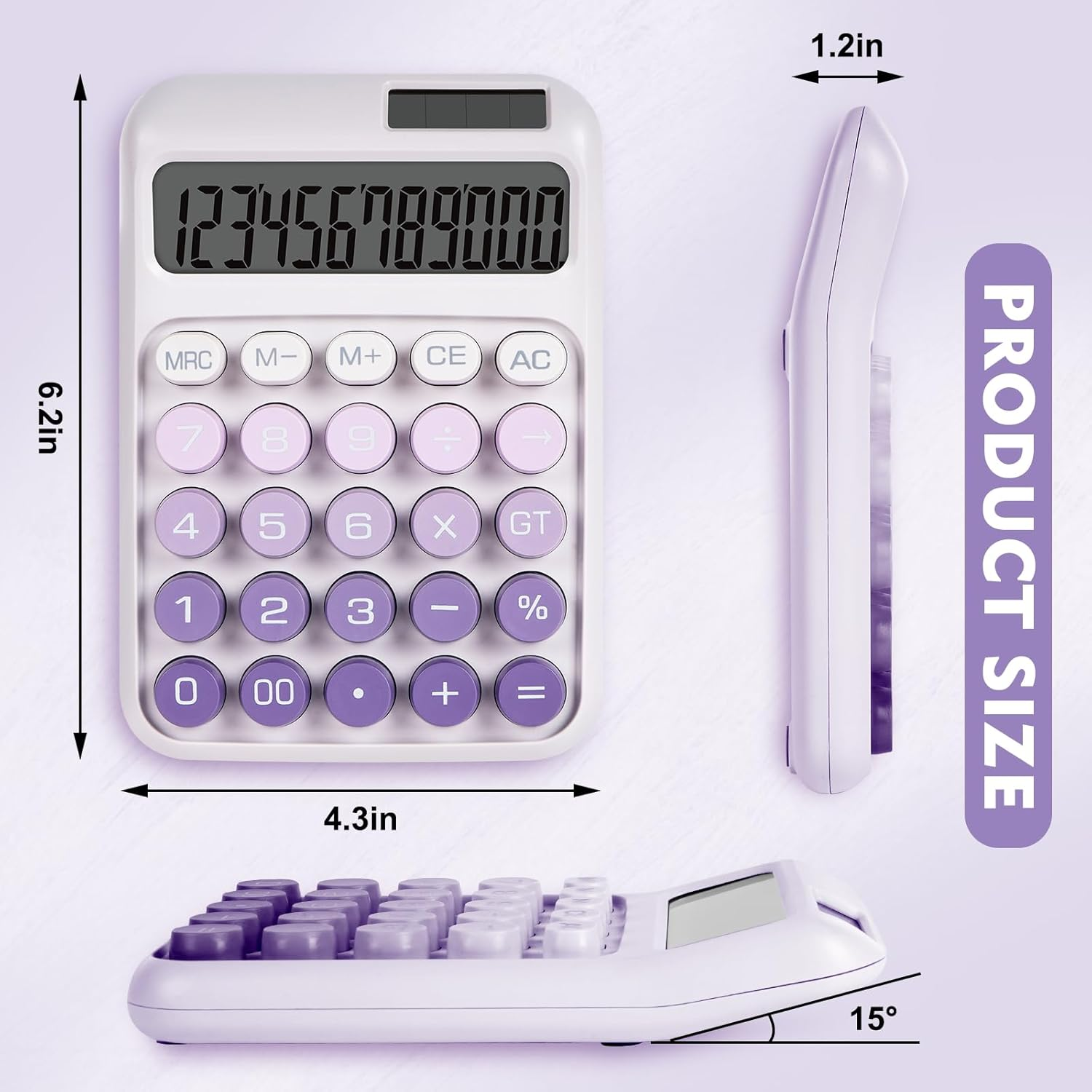 Ein hellviolett Taschenrechner mit Maßen 6,2 Zoll x 4,3 Zoll x 1,2 Zoll.