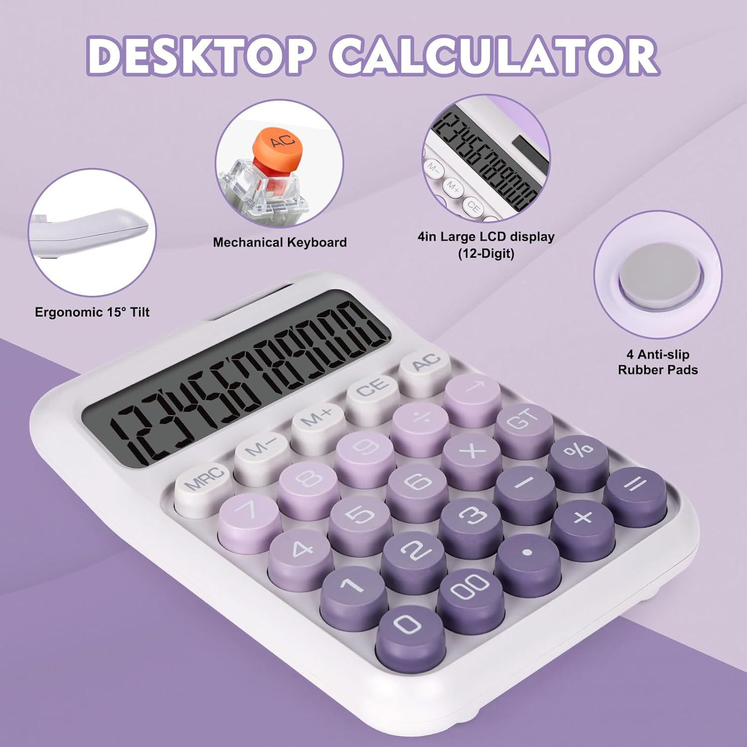 Weißer Desktop-Rechner mit violetter Tastatur, LCD-Anzeige, ergonomisch geneigt.