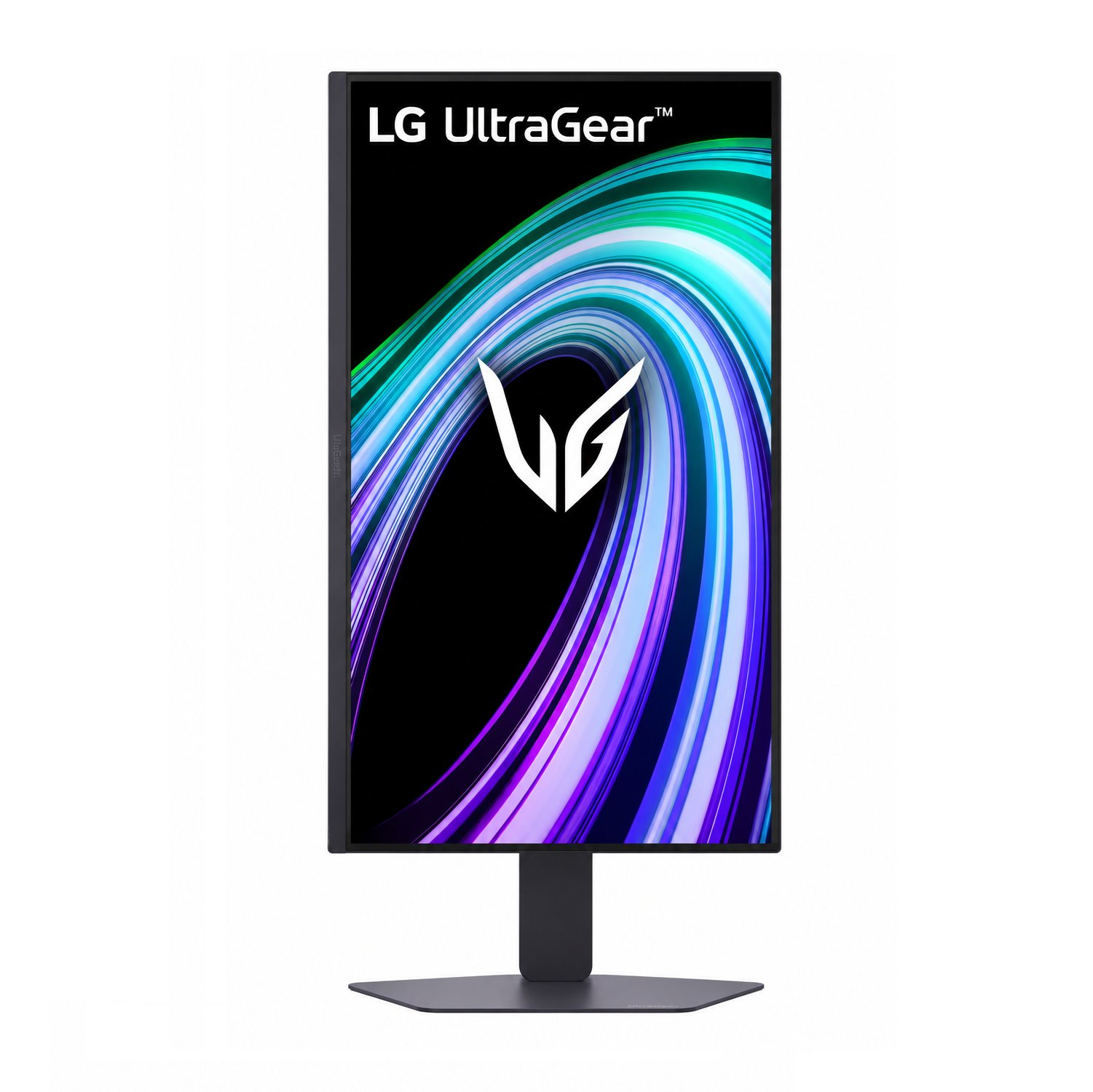 Şık siyah stantlı ve canlı soyut ekrana sahip LG UltraGear monitör.