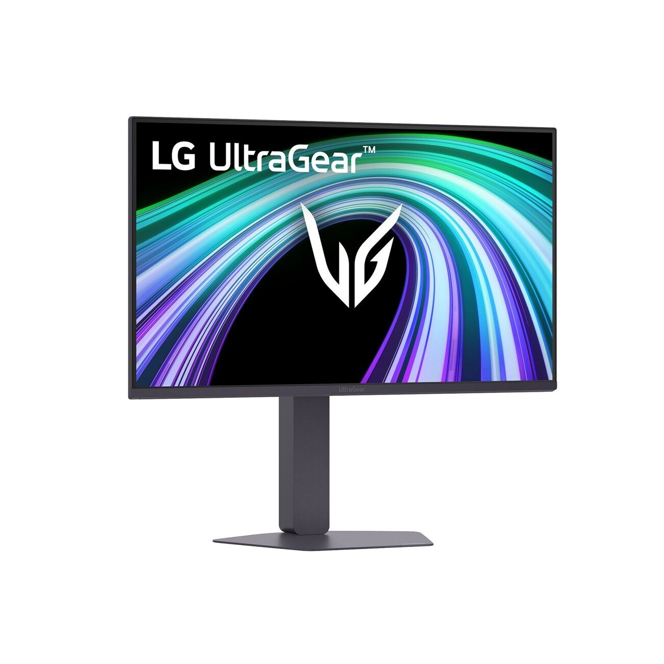 Ekranda renkli, dönen bir grafik gösteren LG UltraGear monitör.