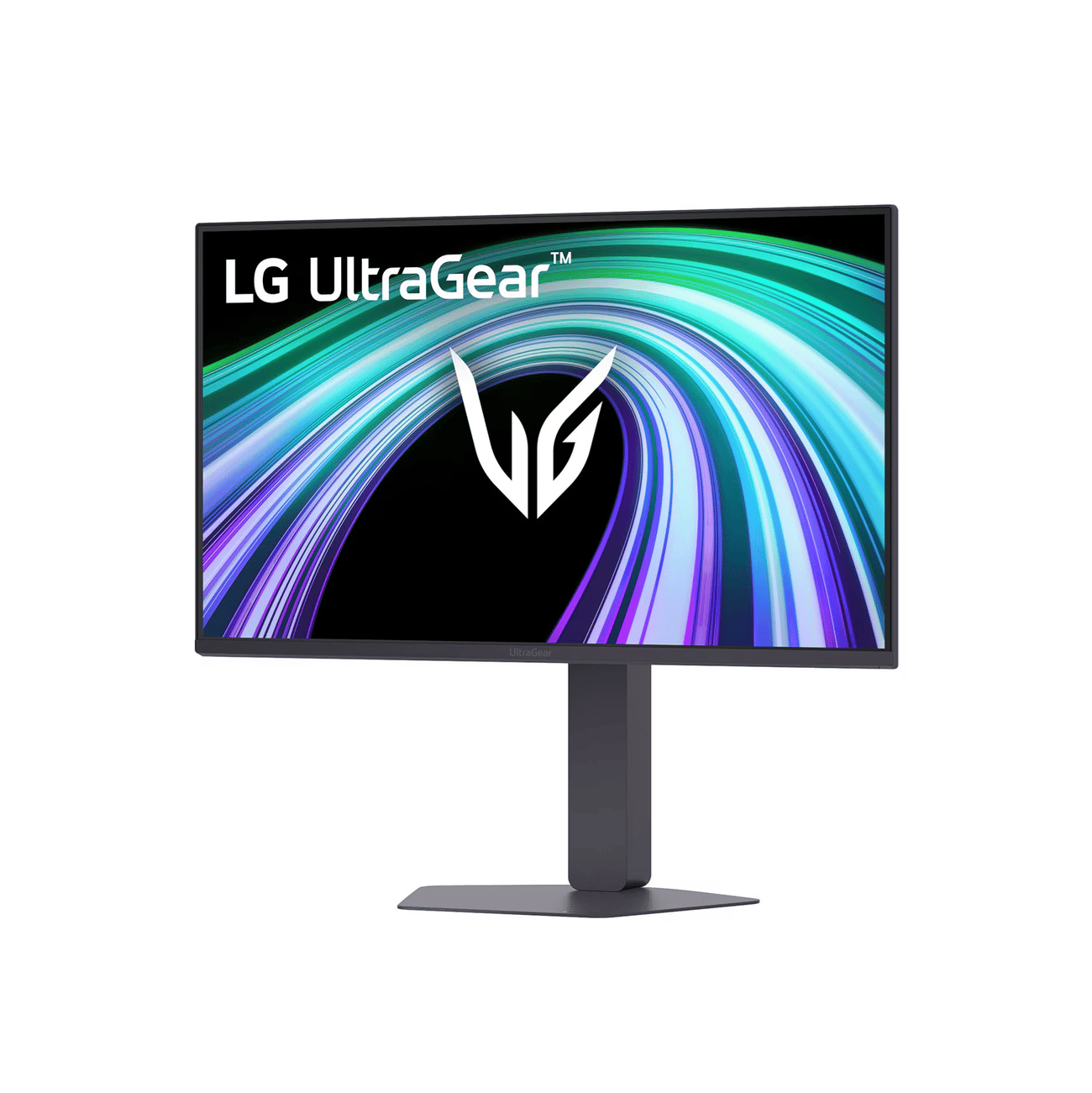 Stilize edilmiş logo ve renkli duvar kağıdına sahip bir LG UltraGear oyuncu monitörü.