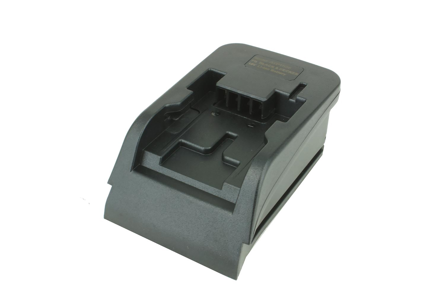 Schwarzer Kunststoffadapter für 18V Lithium-Ionen-Akkus, mit Steckplatz.