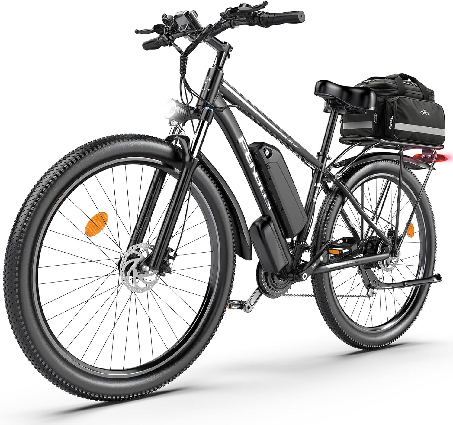 Una bicicleta eléctrica negra con bolsa de portaequipajes, luces delantera y trasera.