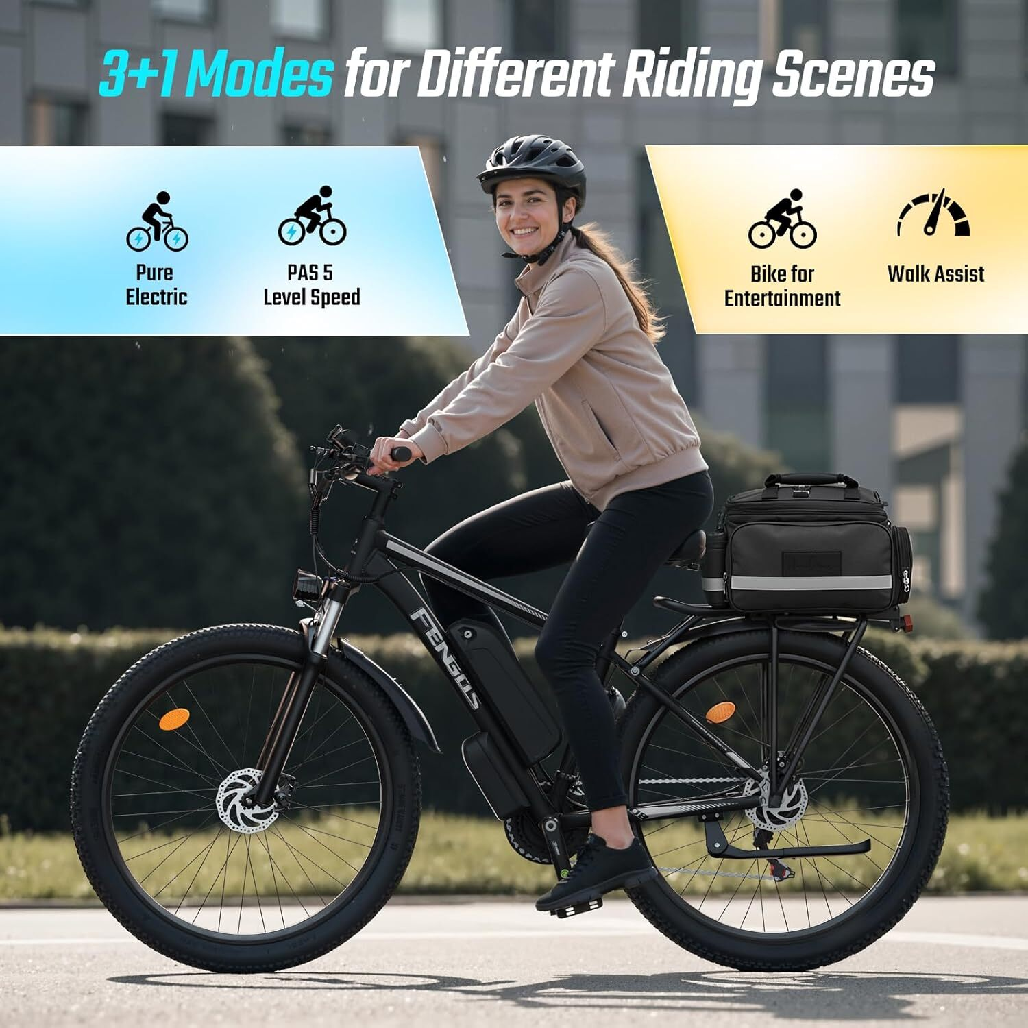 Mujer en bicicleta eléctrica con 4 modos: Pure Electric, PAS 5 Level Speed, Bike for Entertainment, Walk Assist.