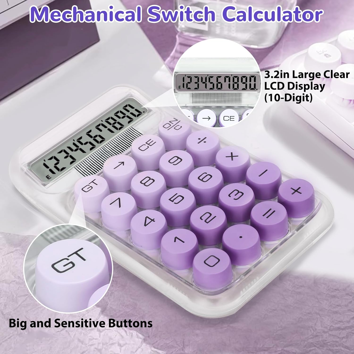 Ein weißer Taschenrechner mit lila runden Tasten und einem klaren Display, das '1234567890' anzeigt. Text lautet 'Mechanical Switch Calculator'.