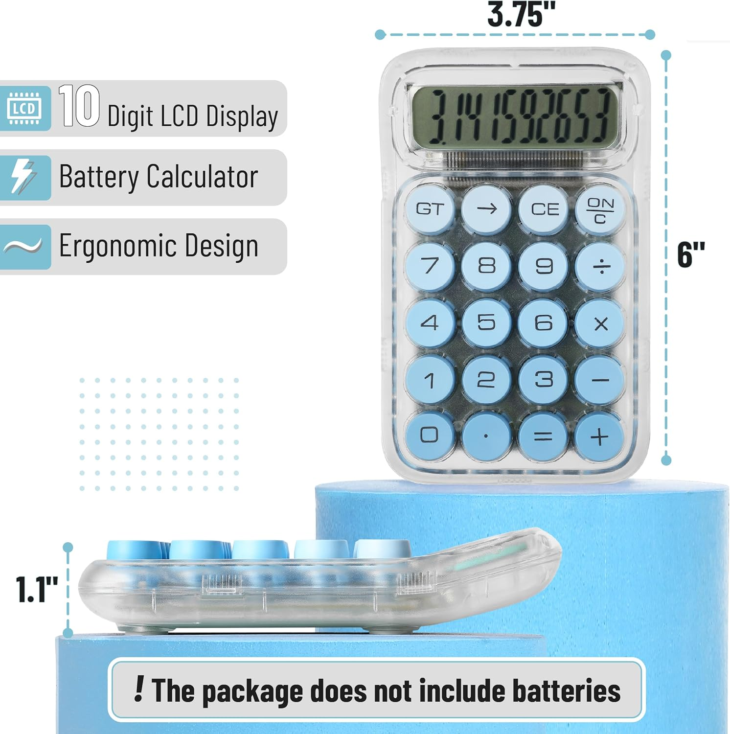 Transparenter Taschenrechner mit blauen Tasten und LCD-Display auf blauen Blöcken.