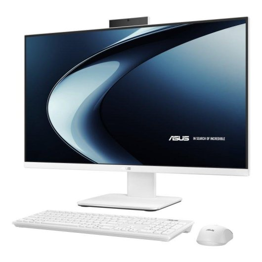 PC all-in-one Asus bianco con tastiera e mouse su sfondo bianco.