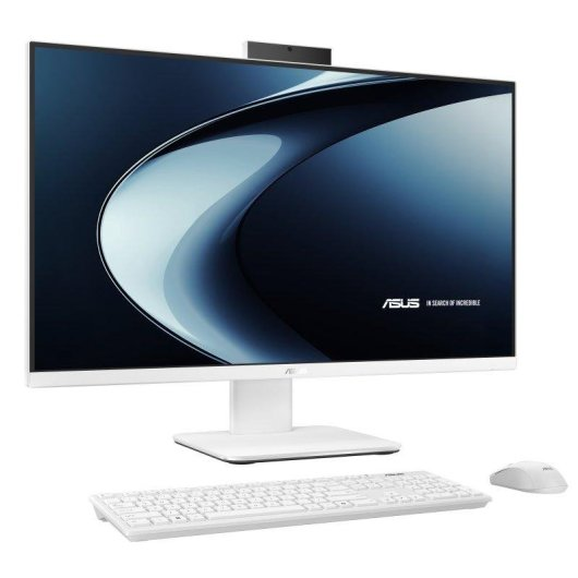 Un computer all-in-one bianco con tastiera e mouse su sfondo bianco.