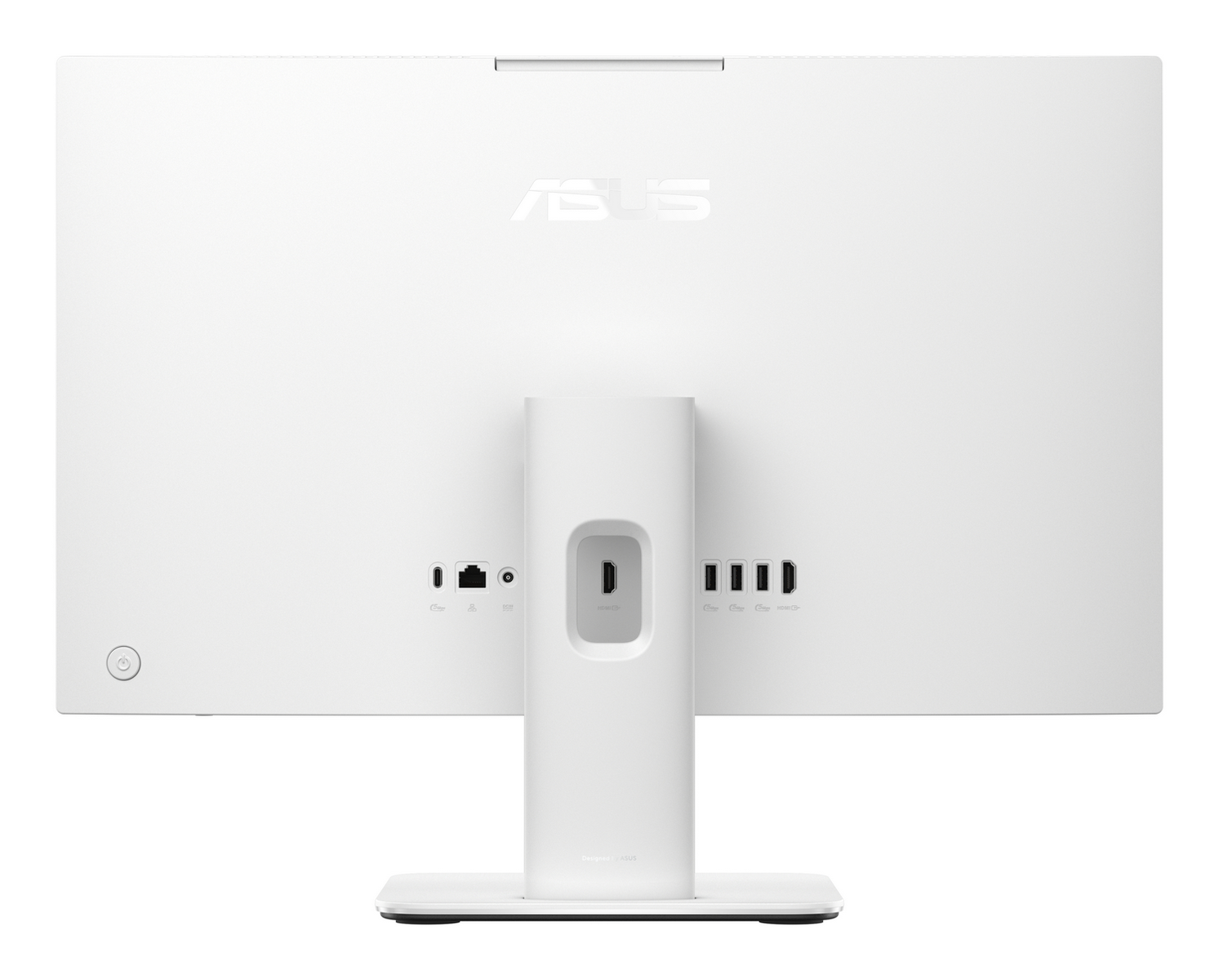 Vista posteriore di un computer all-in-one ASUS bianco, che mostra varie porte e il supporto su uno sfondo bianco.