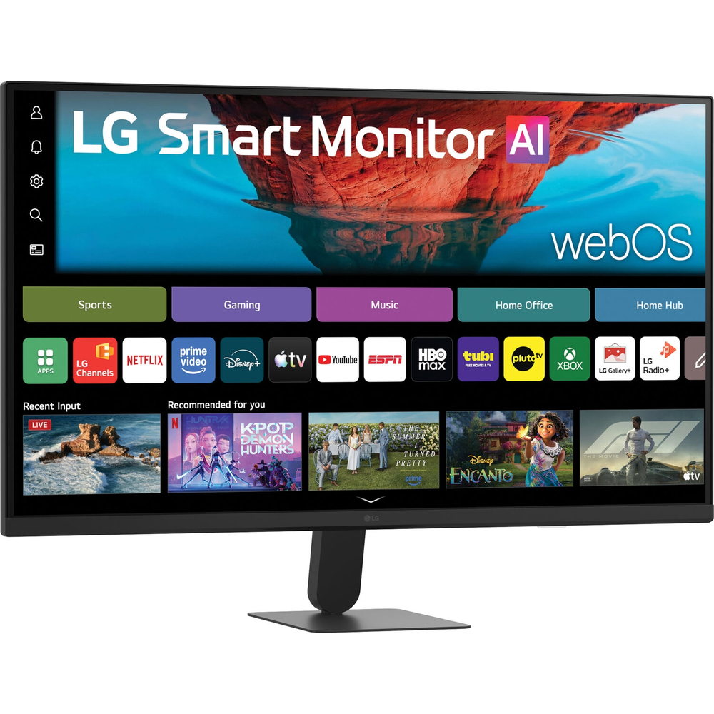 Uygulama simgeleri ve önerilen içerikleri gösteren webOS arayüzlü LG Akıllı Monitör AI.