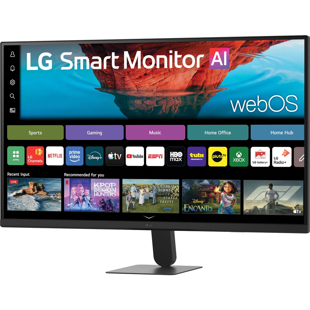 Yapay Zeka ve WebOS'lu LG Akıllı Monitör, çeşitli uygulamalar ve önerilen içerikler gösterir.