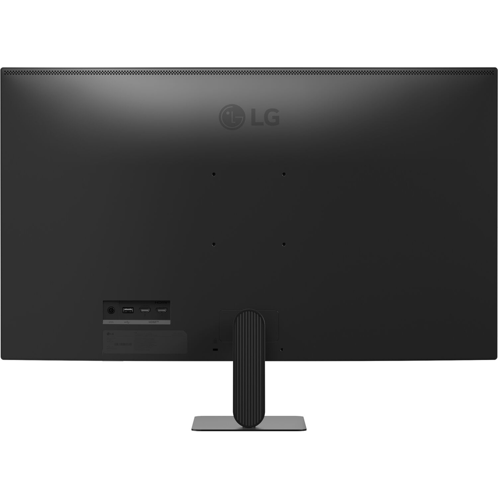 Bağlantı noktaları ve standı olan siyah LG monitörün arkası.