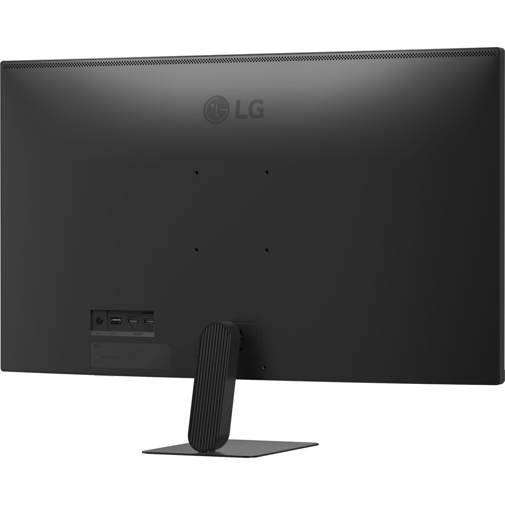 Dikdörtgen bir taban üzerinde duran siyah bir LG monitörün arkası, çeşitli bağlantı noktalarını ve LG logosunu gösteriyor.
