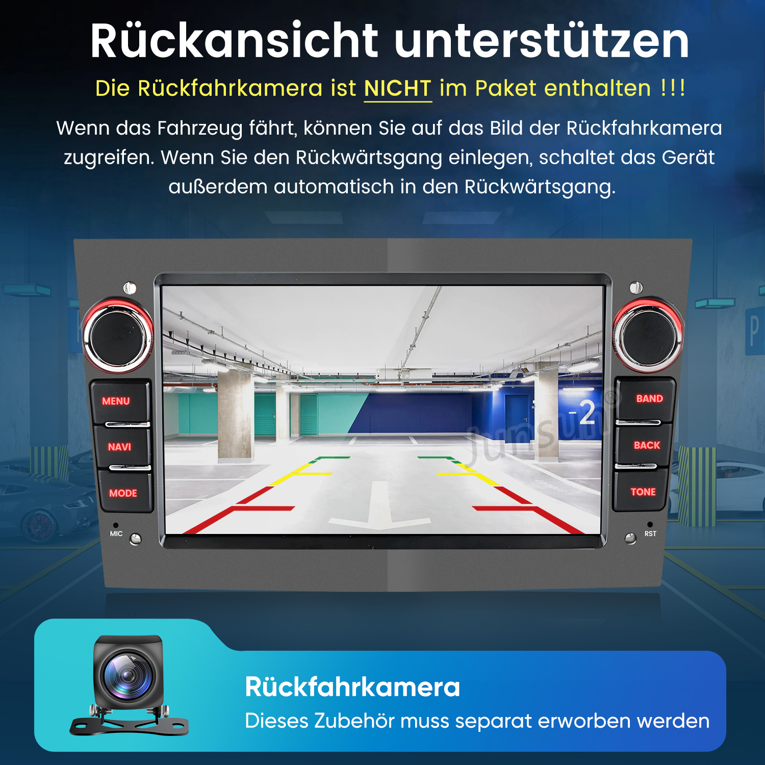 Ein Autoradio zeigt eine Rückfahrkamera-Ansicht eines Parkhauses.