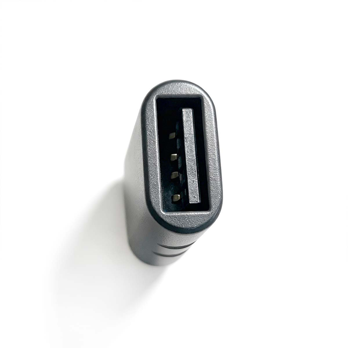 Ein USB-C-Anschluss mit Pins im Inneren, auf weißem Hintergrund.
