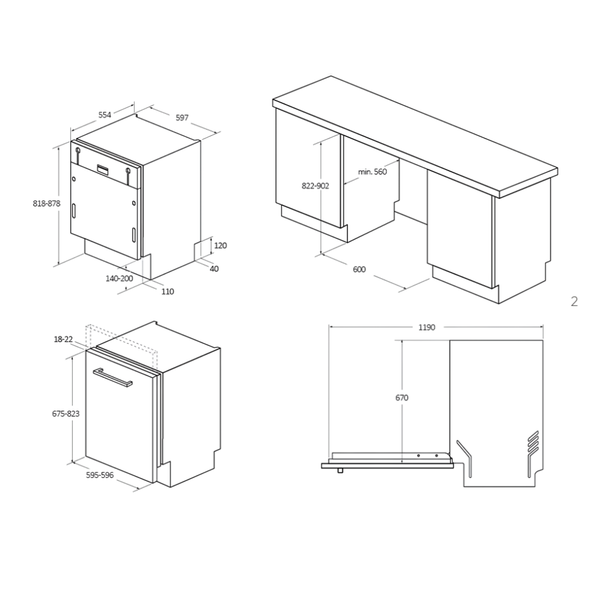 Disegni al tratto di lavastoviglie con dimensioni e guide di installazione.