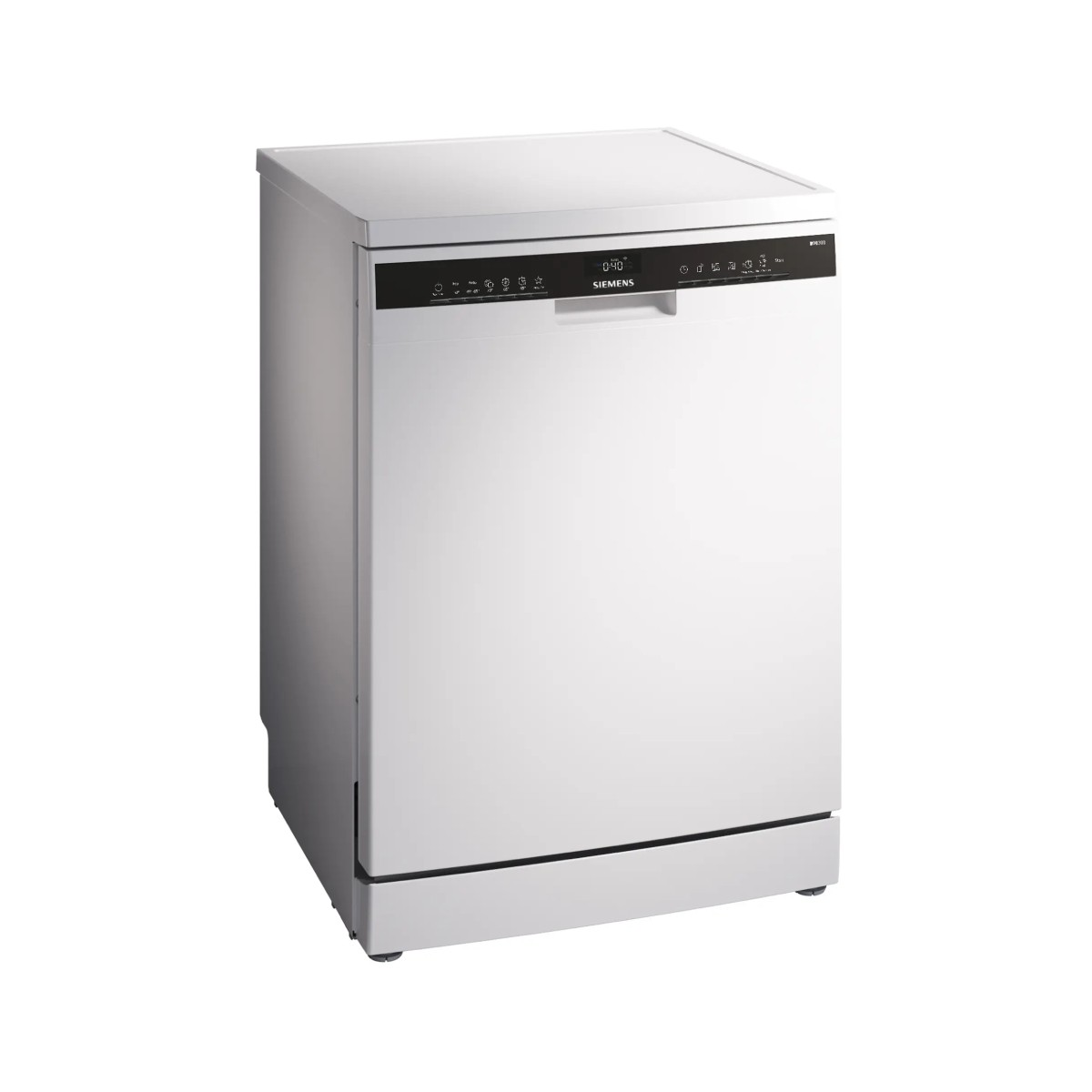 Una lavastoviglie Siemens bianca con pannello di controllo nero e display digitale.