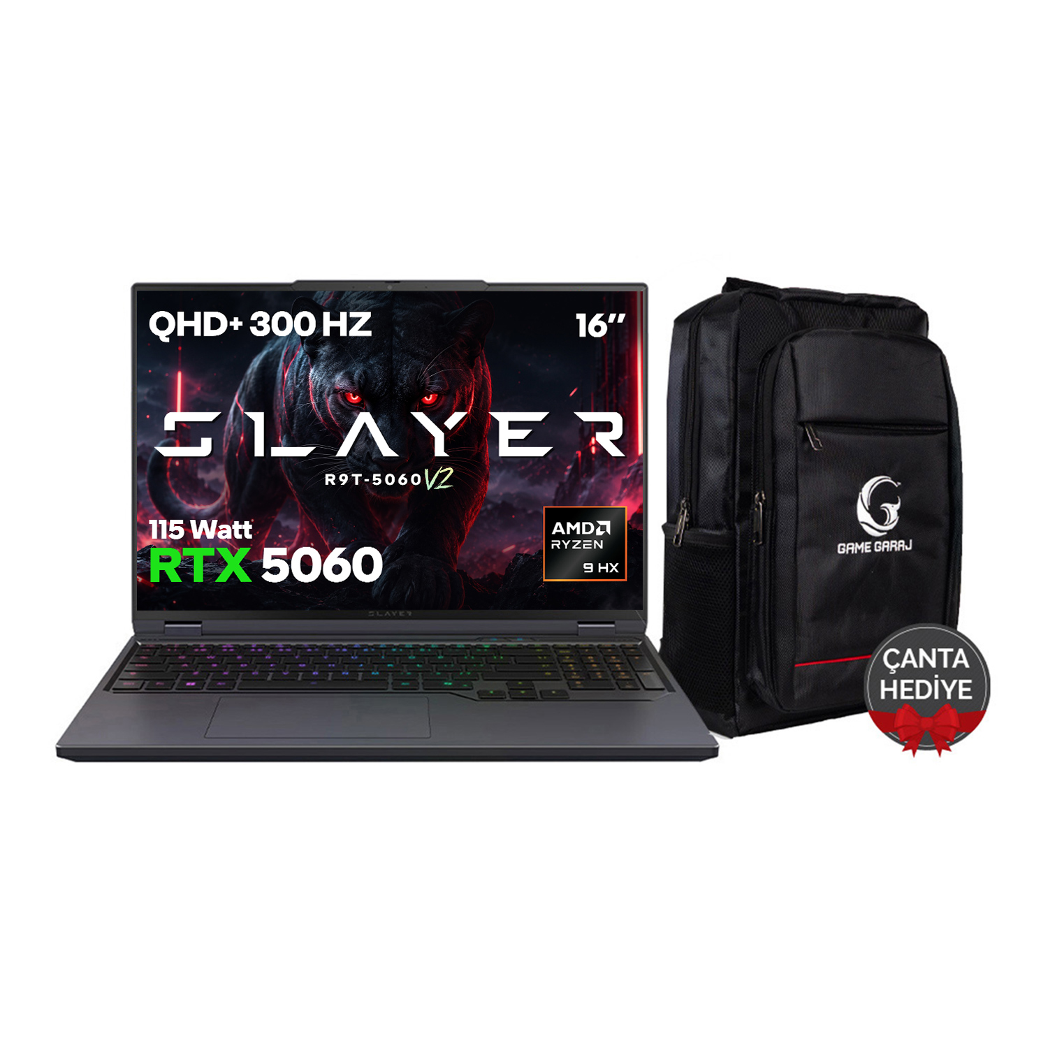 RTX 5060'lı siyah laptop ve yanında siyah sırt çantası.
