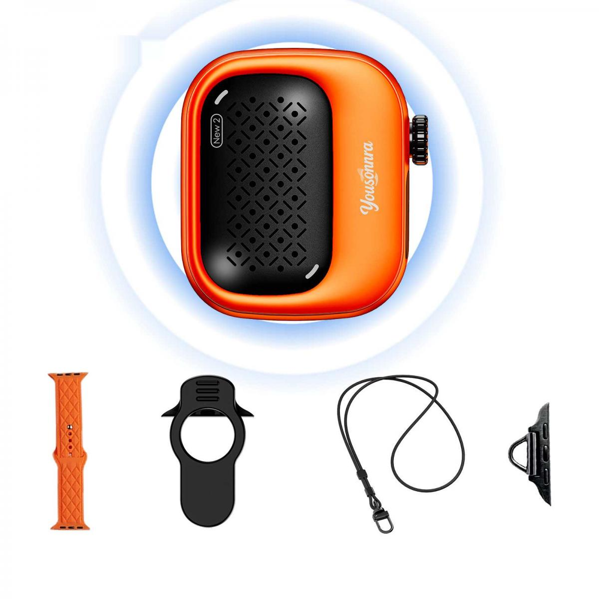 Orangefarbenes Gerät mit schwarzem Gitter und Zubehör: Armband, Halterung, Lanyard, Adapter.