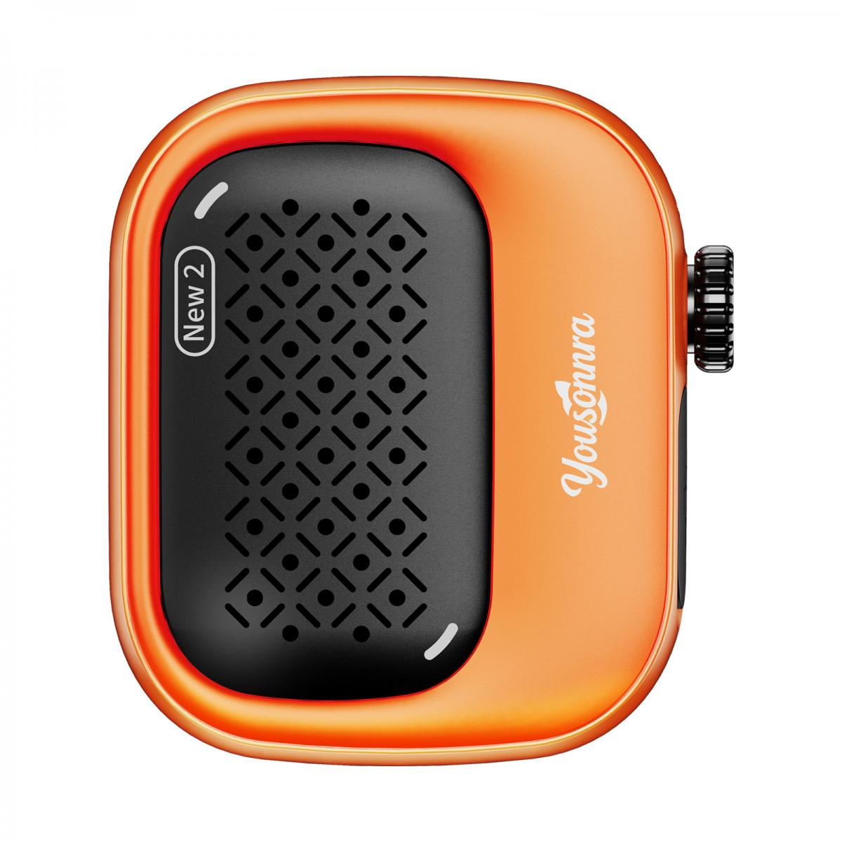 Orange Gehäuse mit schwarzem Lautsprechergrill und Drehknopf.