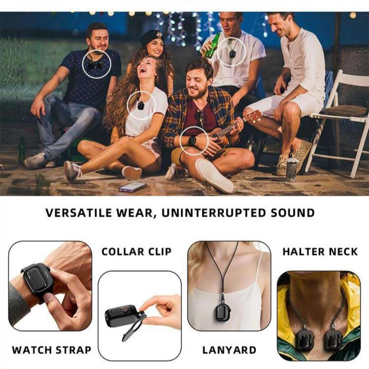Gruppe von Freunden entspannt sich im Freien mit Geräten, die als Halskette, Armband, Clip getragen werden.