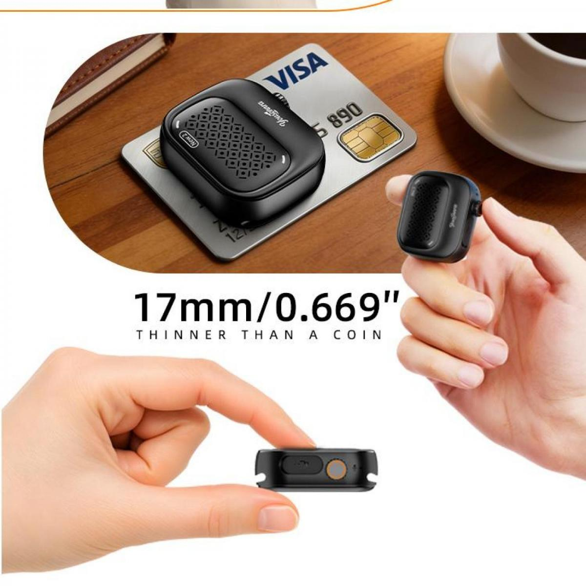 Ein kleines schwarzes Gerät wird auf einer Visa-Karte, von Fingern gehalten und in der Seitenansicht gezeigt, was seine Dünnheit betont.