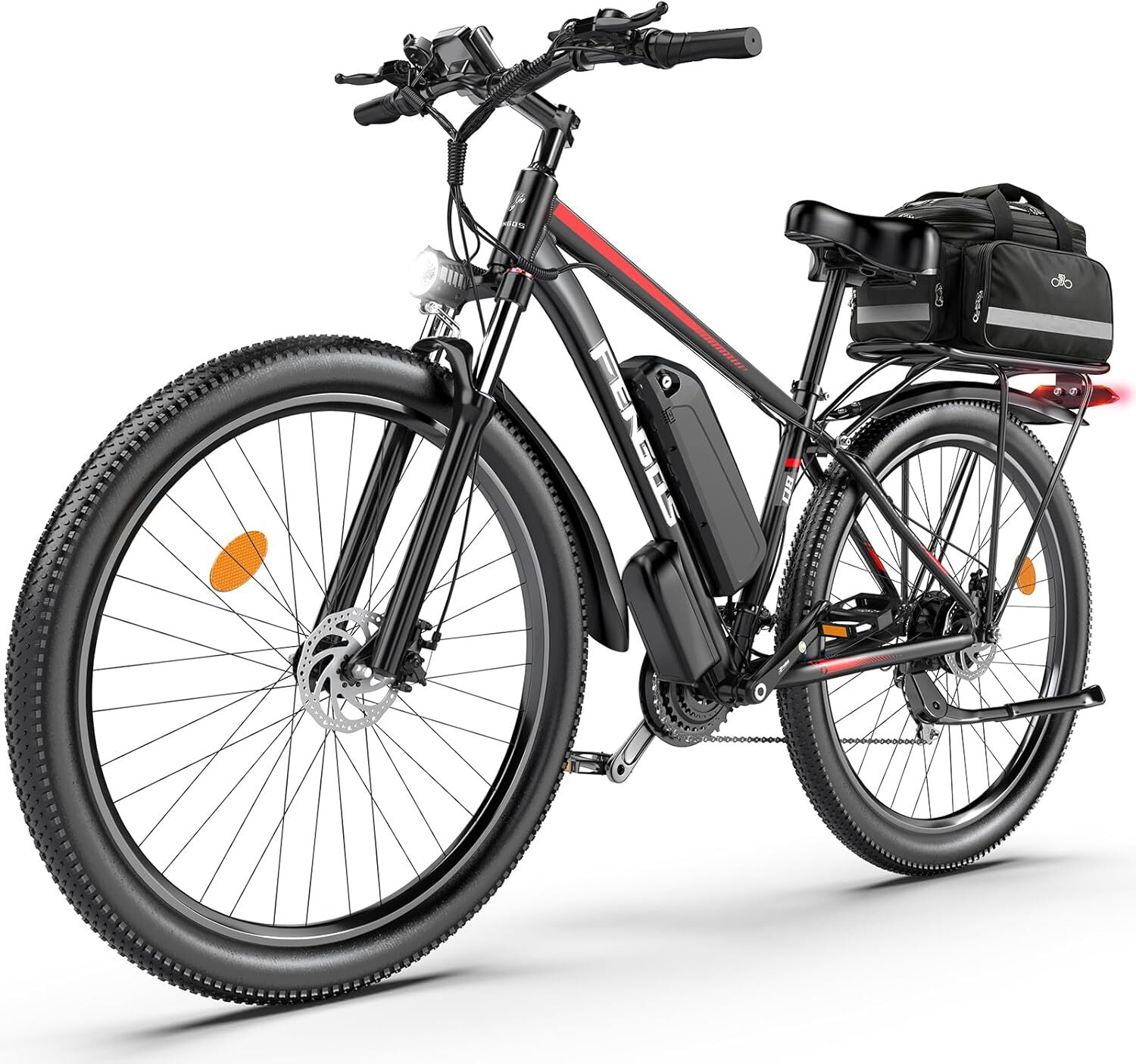 Bicicleta eléctrica negra con bolsa de portaequipajes trasero, luz delantera y baterías dobles.