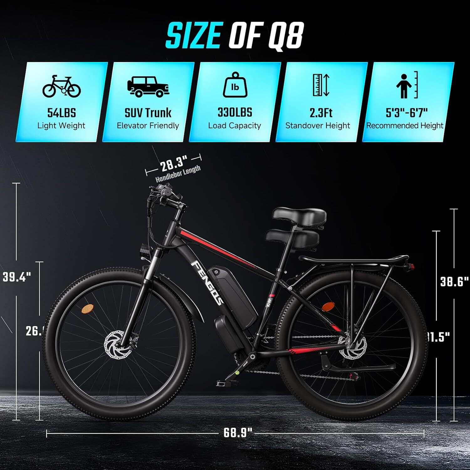 Una bicicleta eléctrica negra con detalles rojos, dimensiones e iconos de características mostrados sobre un fondo oscuro.