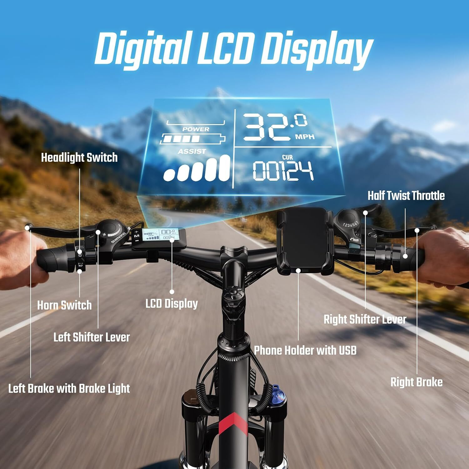 Primer plano del manillar de una bicicleta eléctrica con pantalla LCD digital. Muestra velocidad, potencia y niveles de asistencia.