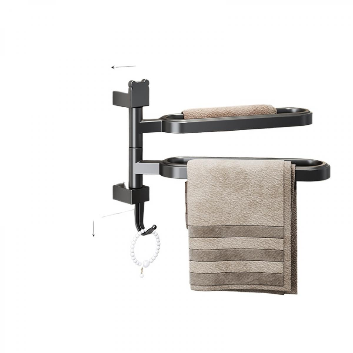 Ein schwarzer, wandmontierter Handtuchhalter mit zwei horizontalen Stangen, die beige Handtücher halten, und einem weißen Perlenarmband, das an einem Haken hängt.