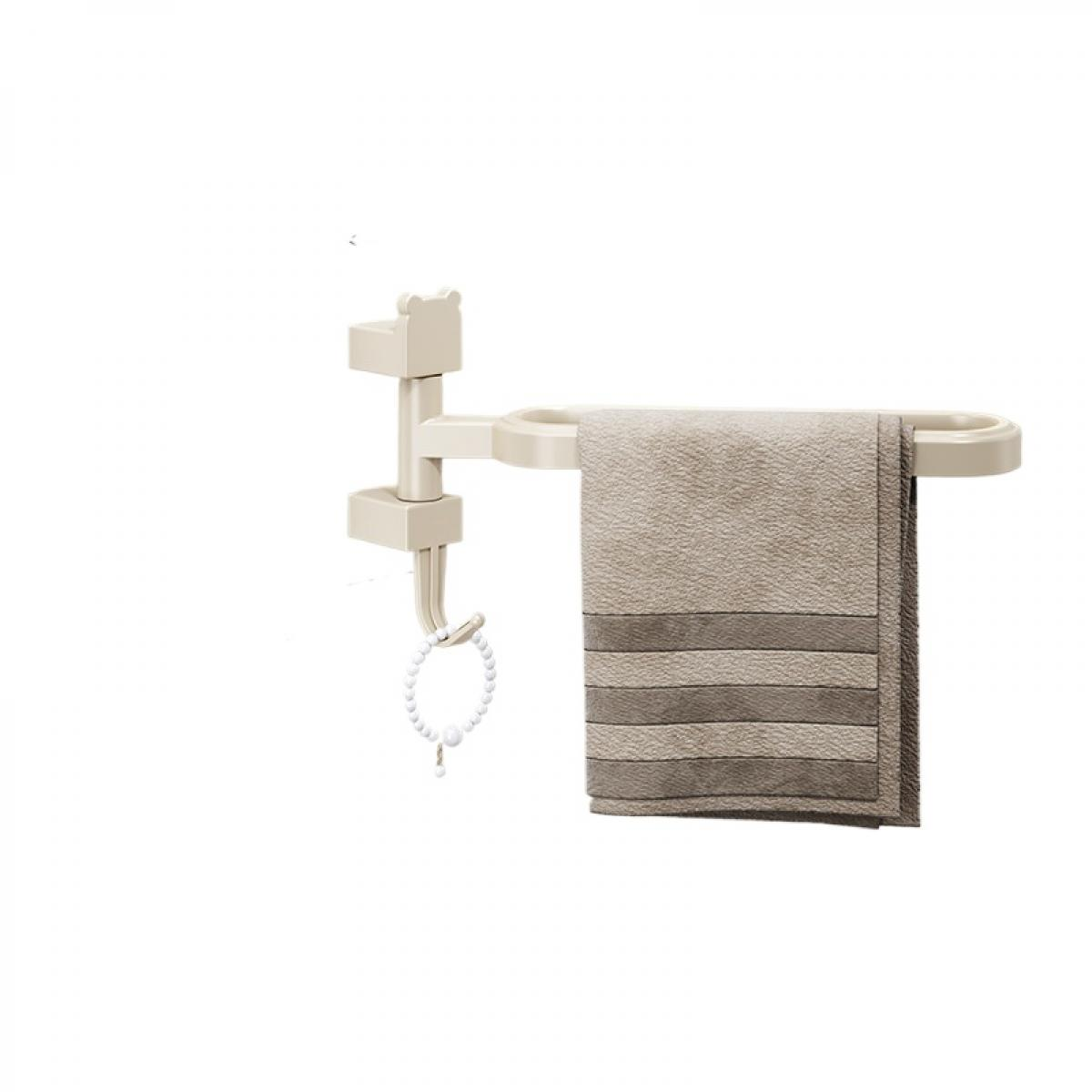Ein beigefarbener Handtuchhalter mit einem beige-gestreiften Handtuch und einer Perlenkette.