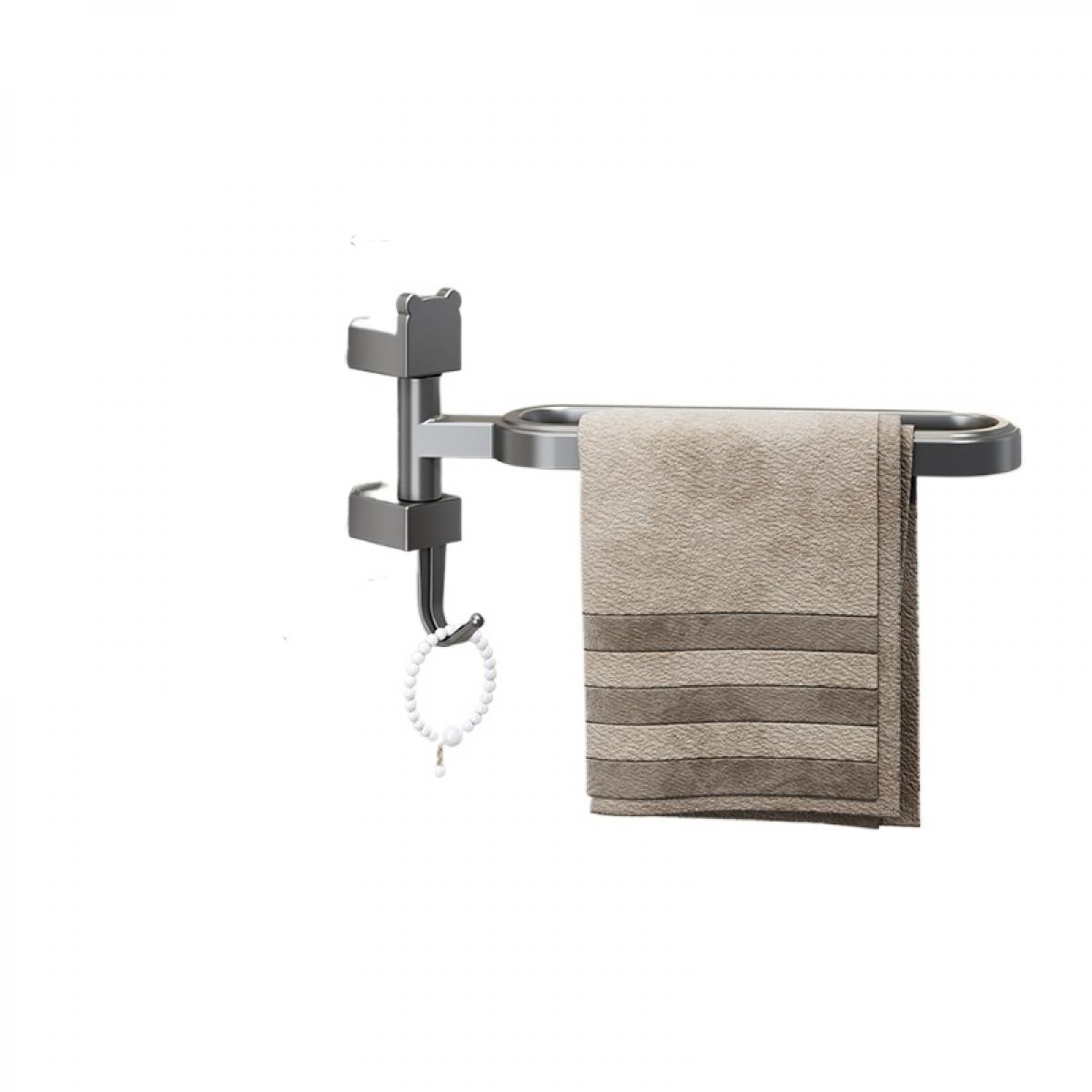 Ein Handtuchhalter aus Metall mit einem beige gestreiften Handtuch und einer Perlenkette.
