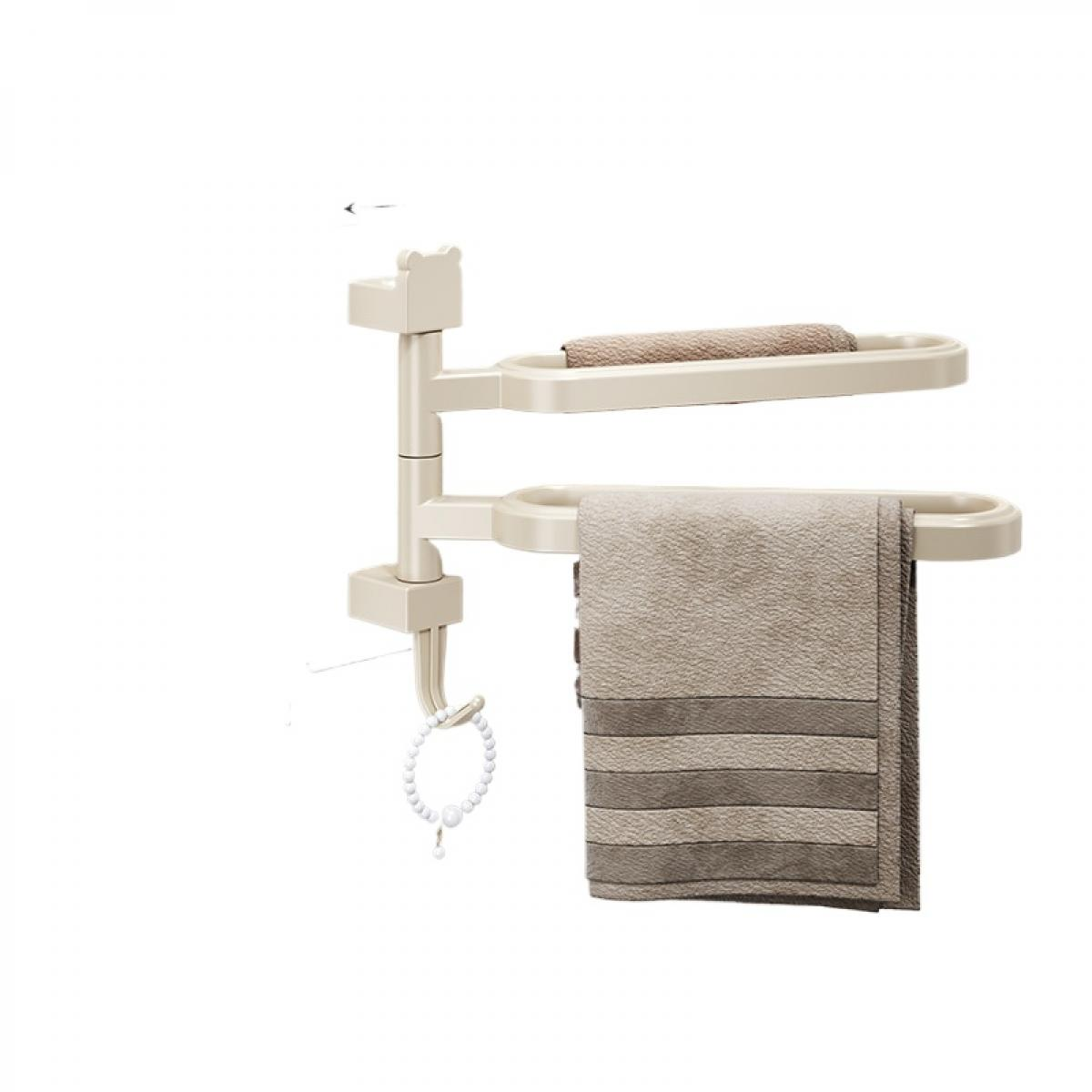 Ein beigefarbener Handtuchhalter aus Kunststoff mit zwei Stangen, der ein beiges Handtuch mit braunen Streifen und ein kleineres gerolltes Handtuch hält.