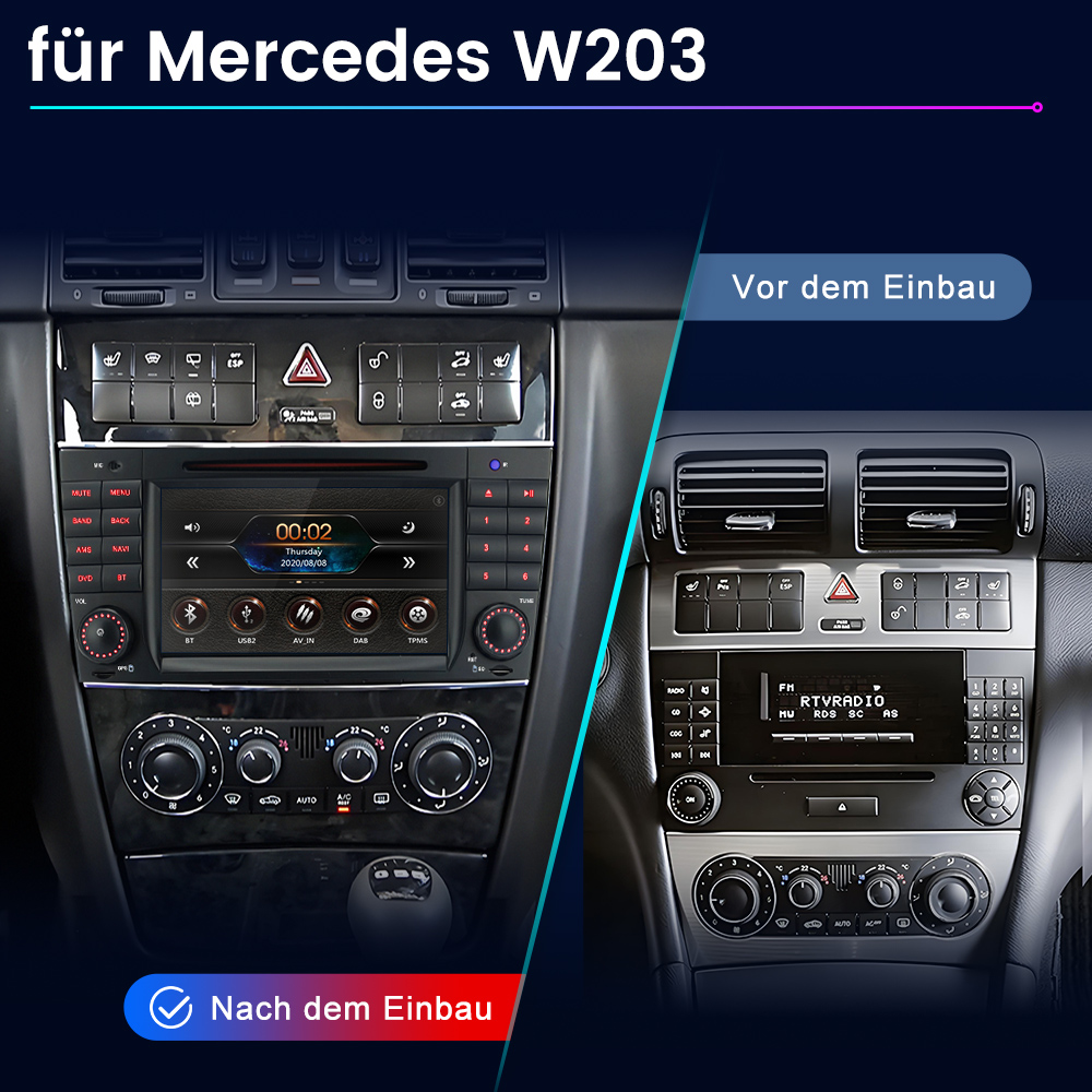 Vorher/Nachher-Vergleich von Mercedes W203 Autoradios mit Display- und Bedienelementen.