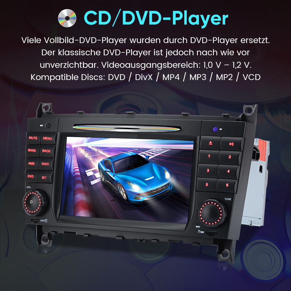 Ein CD/DVD-Player mit Touchscreen zeigt einen blauen Sportwagen auf einer Rennstrecke.