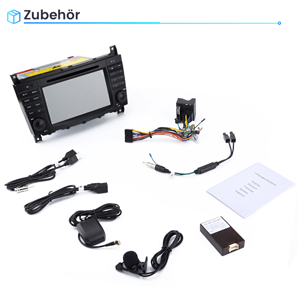 Autoradio, Kabelbaum, GPS-Antenne, Mikrofon, Kabel und Handbuch auf Weiß.