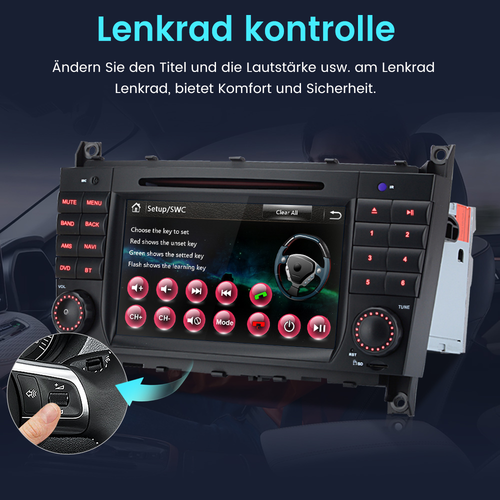 Autoradio mit Bildschirm für Lenkradsteuerung und eine Hand, die einen Lenkradknopf bedient.