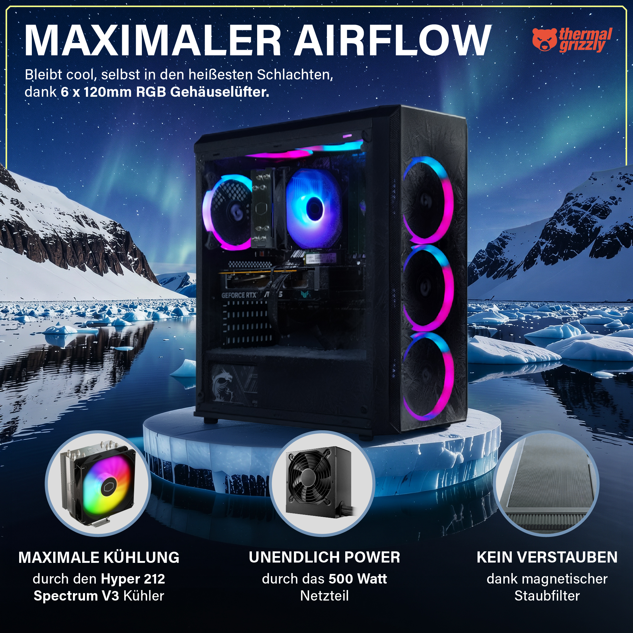 Una caja de PC negra con ventiladores RGB de colores se asienta sobre un témpano de hielo en un paisaje ártico con aurora.