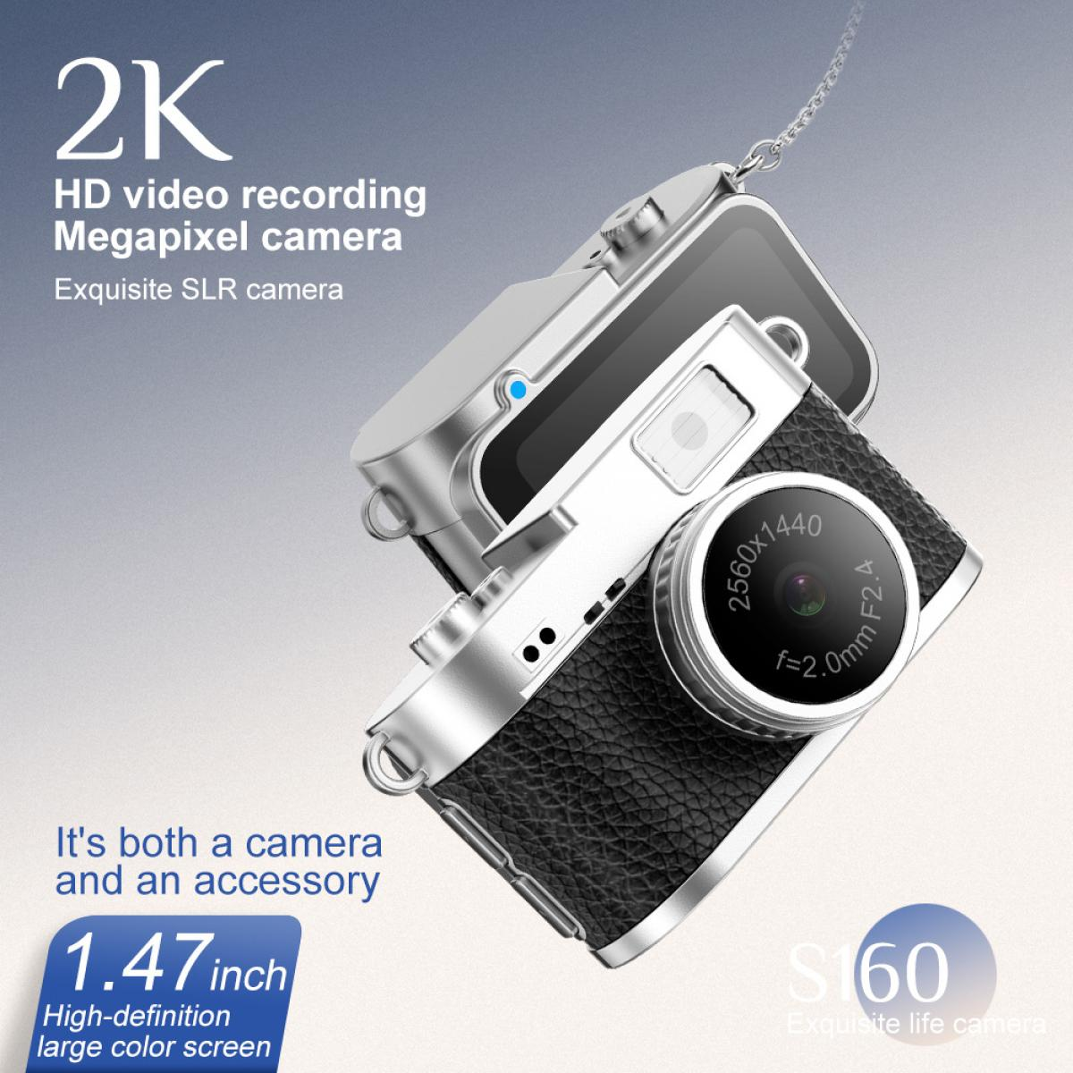 Silberne und schwarze Mini-Kamera mit 2K-HD-Video, 1,47-Zoll-Bildschirm.