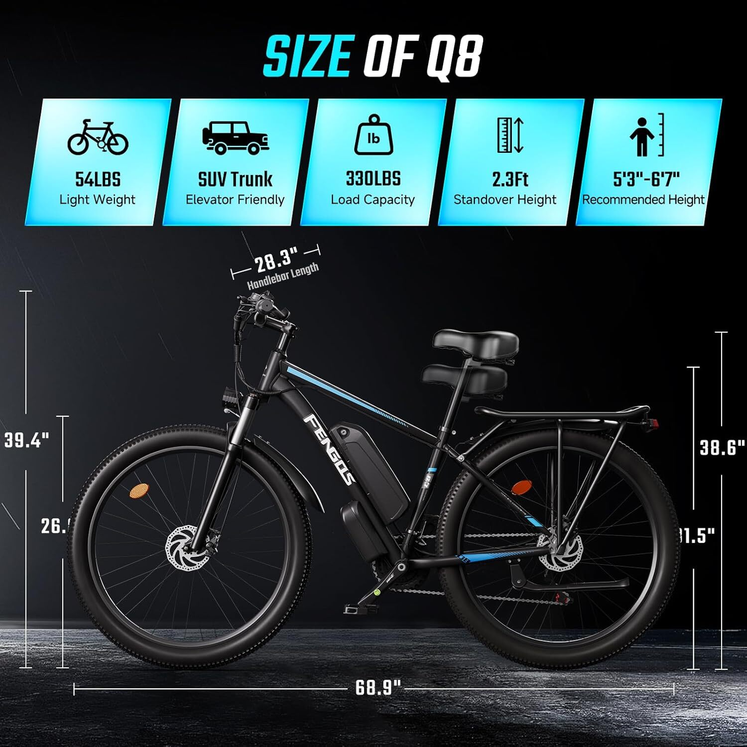 Bicicleta eléctrica negra con dimensiones: 54 lbs, 330 lbs de carga, 2,3 pies de altura, 5'3"-6'7" altura.