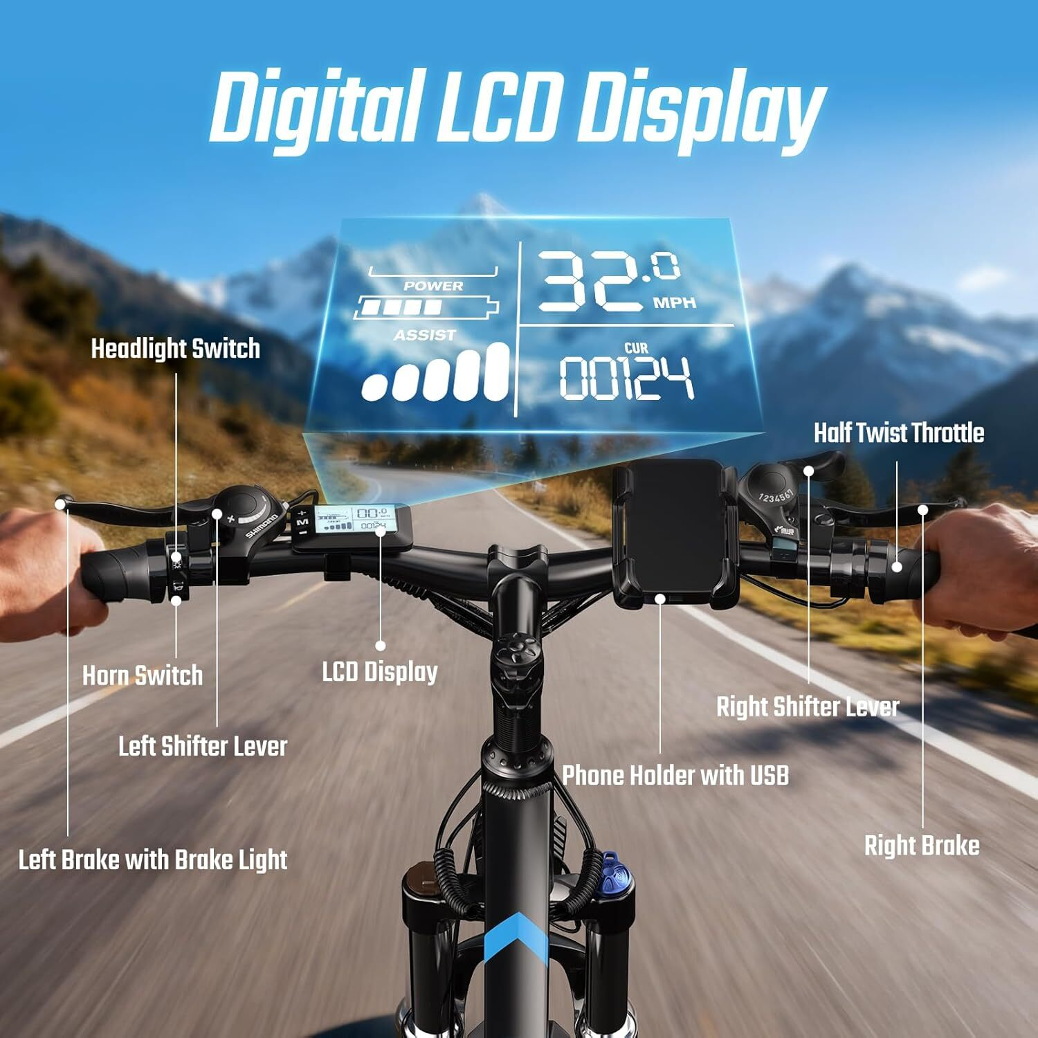 Vista del ciclista de un manillar de bicicleta eléctrica con pantalla LCD digital que muestra velocidad y asistencia.