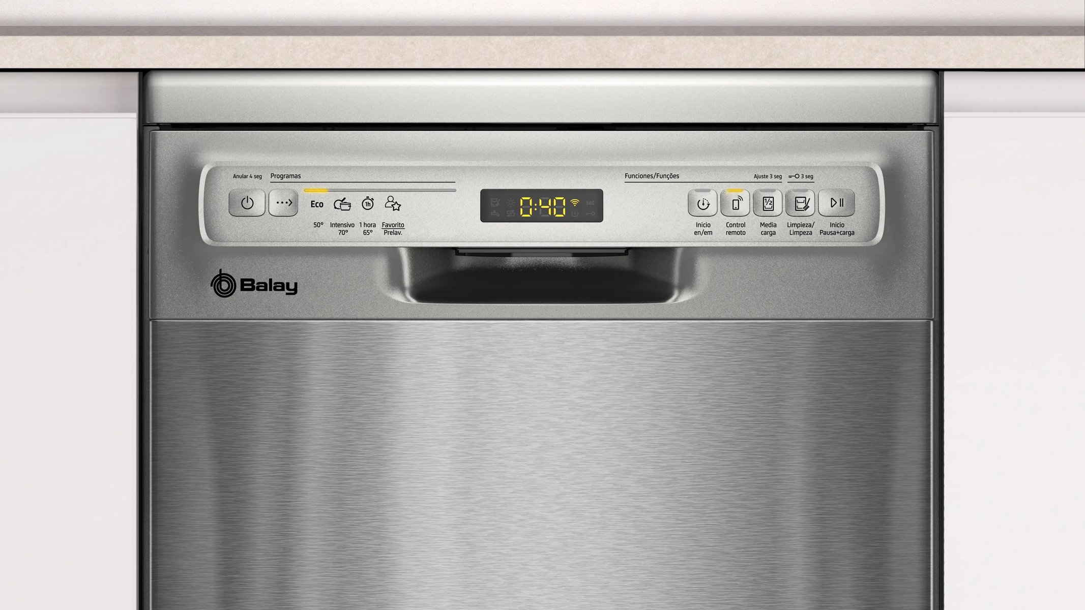 Pannello di controllo lavastoviglie in acciaio inox con display digitale (0:40) e pulsanti.